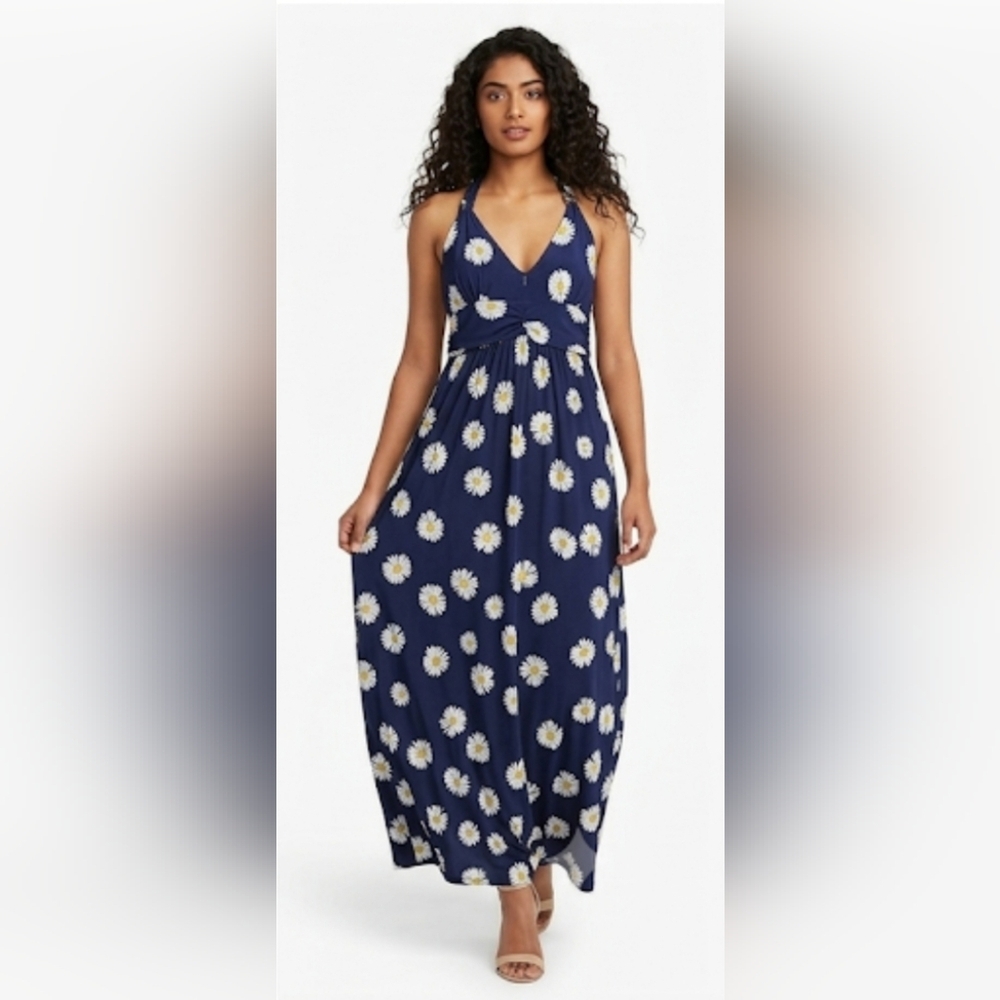 Blue and White Sleeveless Halter Maxi Dress